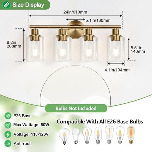 Zarbitta 4-Light Bathroom Light Fixtures, Brushed Brass Modern Vanity Lights with Cyan Glass Shades, Bathroom Wall Lamp for Mirror Kitchen Living Room
