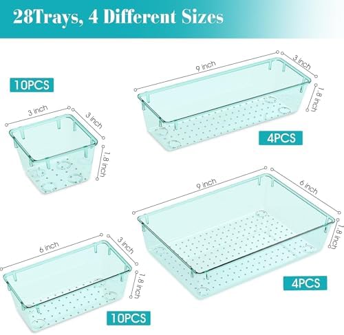 StorMiracle 28 PCS Clear Plastic Drawer Organizers Set, 4 Size Desk Drawer Organizer Trays for Makeup, Jewelry, Kitchen Utensils, Gadgets and Office Accessories, Sea Blue