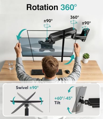 AX WABER Single Monitor Wall Mount for 17 to 32 inch Flat/Curved Computer Screens,Full Motion Adjustable Mechanical Spring Monitor Wall Arm Holds Up to 22lbs,VESA Wall Mount 75x75/100x100, Black
