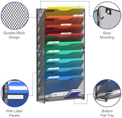 samstar 10 Tier Wall File Organizer, Hanging Wall Mount File Holder Paper Folder Mail Organizer, Mesh Metal, Black.