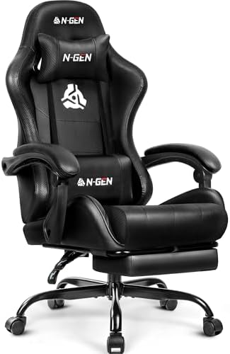 N-GEN GAMING Gaming Chair with Footrest, Lumbar, High-Back, All Black
