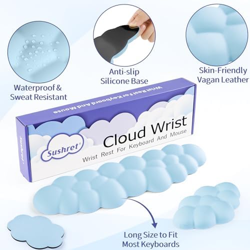 Sushret Cloud Wrist Rest Keyboard, Cloud Keyboard Wrist Pad Set with PU Leather Memory Foam, Cute Arm Rest for Palm Support, PC/Gaming Desk Accessories/Office Setup/Computer Hand Cushion - Blue