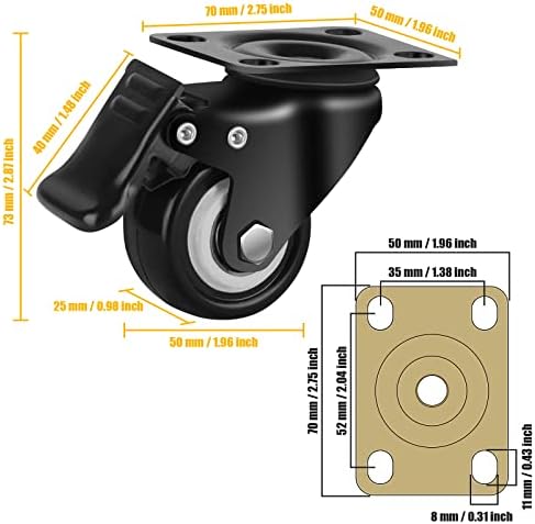QNCZ 2" Caster Wheels, Casters Set of 4 Heavy Duty but Silent, Excellent Locking Casters with Polyurethane (PU) Wheels, Swivel Plate Castor Wheels for Cart, Furniture, Workbench