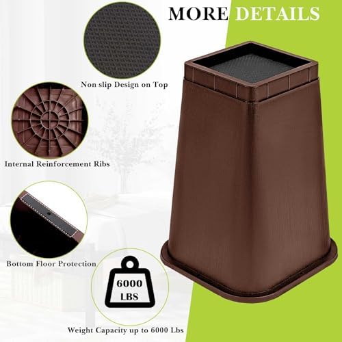 4 Pack Furniture Risers 8 Inch, Bed Risers Heavy Duty for Table Desk Couch Chair Sofa Cabinet Bed Frame Dorm, Square Table Leg Risers Lift Height 8", Chocolat Brown