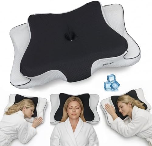 Cervical Neck Pillow for Sleeping – Cooling Memory Foam Cervical Pillow for Side Sleepers and Back Sleepers – Contour Ergonomic Neck Support (Black/White, Cooling)