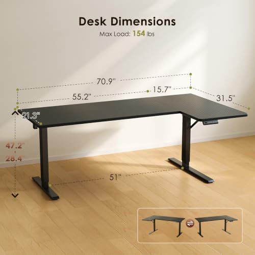 OffiGo 71" Reversible L Shaped Electric Standing Desk, Carbon Fiber Black