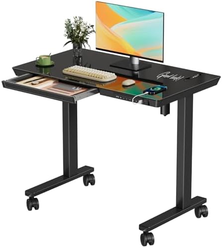 35" Electric Standing Desk with Drawer, One-Piece Glass Top