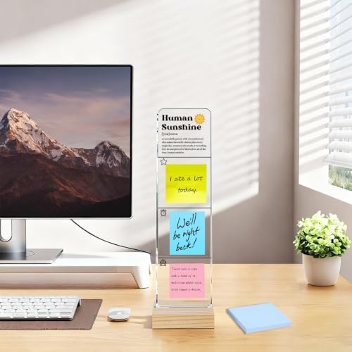 Monitor Memo Board with Removable Wooden Base Acrylic Portable Sticky Note Holder, Human Sunshine Acrylic Message Board Sign Office Desk Desk Set Sticky Notes 100 Sheets