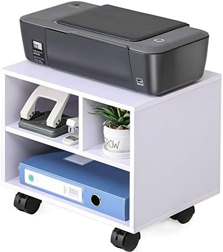 FITUEYES Printer Stand Under Desk, Small Wood Mobile Printer Table, White