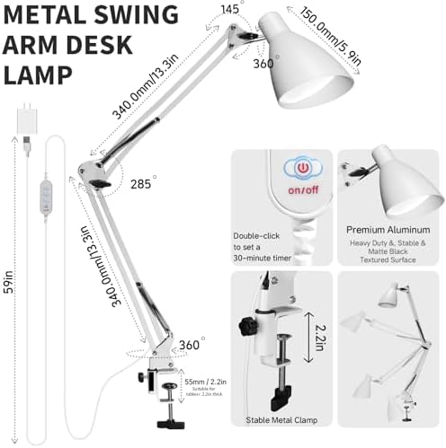 Swing Arm Desk Lamp with Clamp, Adjustable Arm LED Clamp on Desk Lamps with 5 Color Modes and 10 Brightness for Home Office Reading Drafting Study (White)
