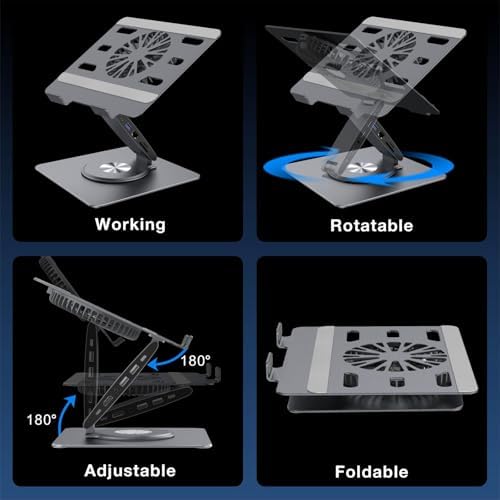 Laptop Docking Station Stand with Fan Aluminum Laptop Riser with USB-C Hub 11-IN-1 4K60Hz HDMI 100W PD Charging USB3.0 Ethernet Audio TF/SD, 360° Swivel, for MacBook Pro/Air, iPad Pro & Type-C Laptops