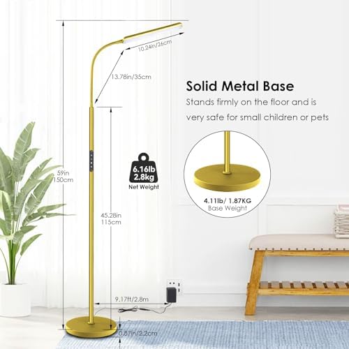 Dimunt LED Floor Lamp, Stepless Adjustable 3000K-6000K Colors, Golden