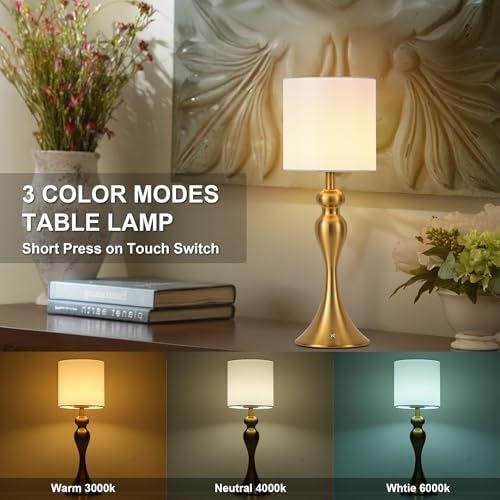 Cordless Table Lamp Rechargeable, Battery Fabric Bedside Touch Light, Brass