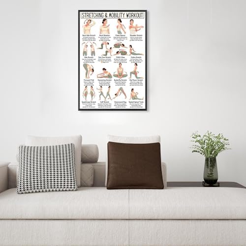 Stretching & Mobility Workout Poster, 16 Illustrated Full-Body Flexibility Training Chart with Hold Time Guides, Bodyweight Neck Hip Shoulder Stretch Reference for Post-Workout Recovery & Daily Mobility Improvement(8x12inchs，Black Framed)
