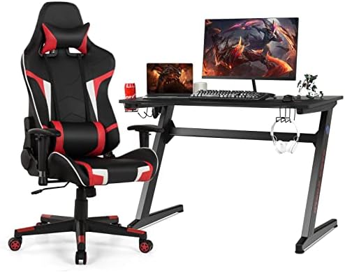GYMAX Gaming Chair, Massage Gaming Chairs for Adults with Headrest, Lumbar Support & Armrest, Video Computer Reclining Gaming Chair, Office Desk Gamer Task Chair (Red Chair with Black Z-Shape Desk)