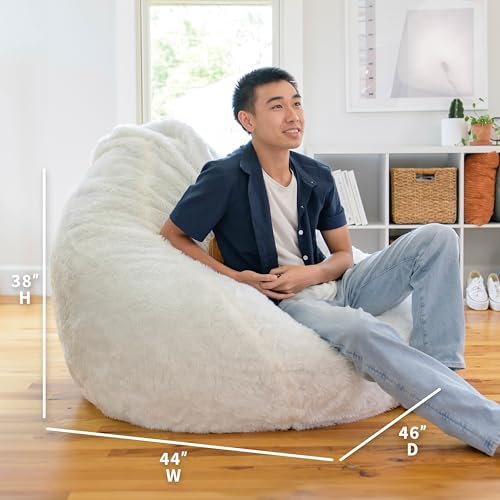 Big Large Teardrop Foam Filled Bean Bag Chair with Removable Cover, Ivory Short Shag, 4 feet Big