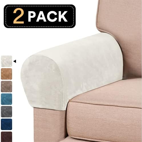 2 Pack Velvet Stretch Armrest Covers - Non Slip Sofa Chair Covers, Soft Elastic Arm Protectors for Living Room Couch, Office Chair, Recliner (White)