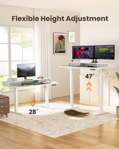 ErGear Electric Standing Desk with Drawers, 40″ x 24″ Small Gaming Table Compatible Monitor Stand, Stand up Desks, Home Office Height-Adjustable Desk with Storage Shelf, 4 Preset Heights, White