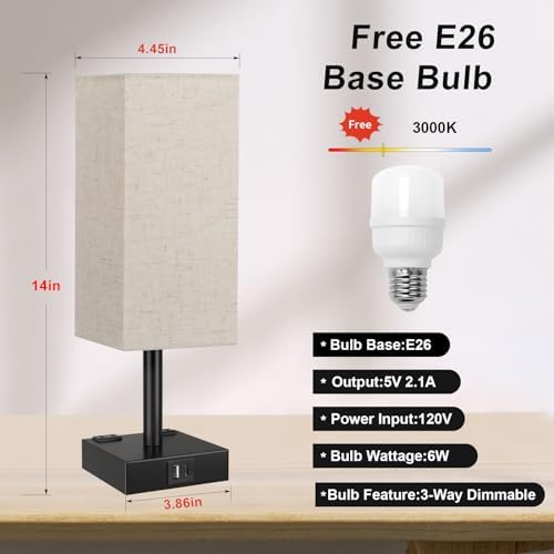 Beige Touch Table Lamp for Bedroom - Dimmable, USB C+A, 2 AC Outlets