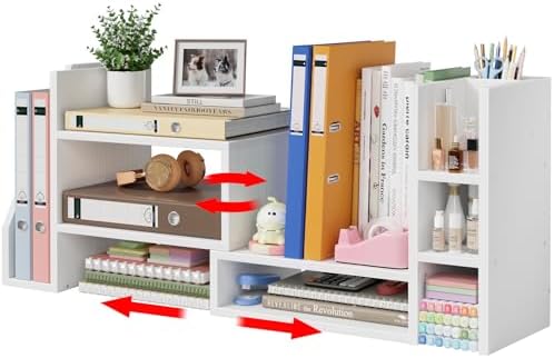 Desktop Shelf Desk Organizer File Holder - Dorm College Desk Bookshelf, Adjustable White Wood Shelving, Small Countertop Bookcase for Office Supplies, Student Study Desk & Home Organization Rack