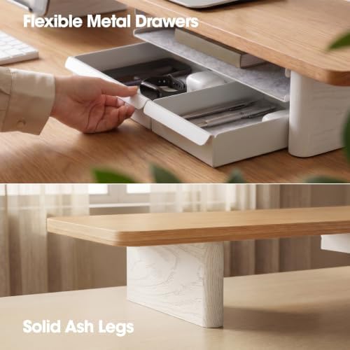Fenge Modular Dual Monitor Stand Riser with Solid Ash Wood Leg, 42.5" Oak