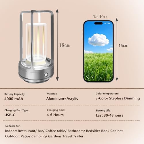 Portable Metal Table Lamp, 4000 mAh Rechargeable Outdoor Table Lights, 3 Color Stepless Dimmable Cordless Table lamp for Patio, Camping, Coffee Samll Desk Lamp for Indoor/Outdoor (Silver)
