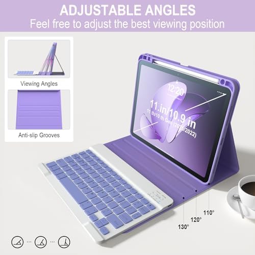 iPad 11th/10th Generation Case with Keyboard, Wireless Keyboard Cover for iPad 11 inch 2025 & 10.9 inch 2022, Detachable Magnetic Folio with Pencil Holder Auto Sleep/Wake Violet Marble