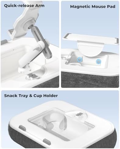 Viozon Kindle Pillow Stand Holder, Phone Holder for Bed, Laptop Lap Desk with Mouse Pad,Compatible with 4.7-13" Kindle/Tablet/Phone,10-15" Laptop, Snack Bowl&Cup Attachment&Detachable 360°Stand Arm