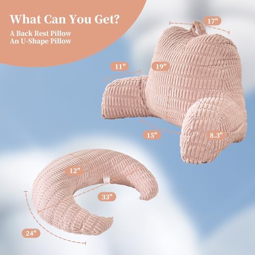 17" Reading Pillow for Bed,U Shaped Arm & Elbow Support,Pink Corduroy