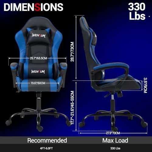 Massage Gaming Chair, Ergonomic PC Desk Chair with Headrest and Massage Lumbar Support, Video Game Chair w/Height Adjustable High Back for Home Office, Blue
