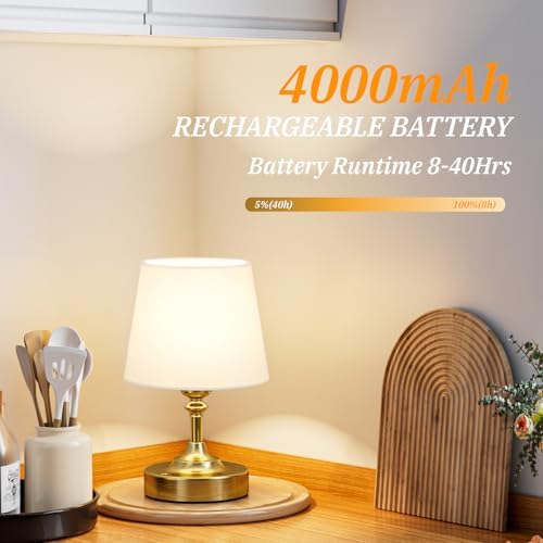 Kakanuo Mini Cordless Table Lamp Gold - 1 Pack 4000mAH Battery Operated Lamp for Decor, 3000K Stepless Dimming Touch Control Rechargeable Lamp for Bedroom, Dining Table, Counter, Living Room