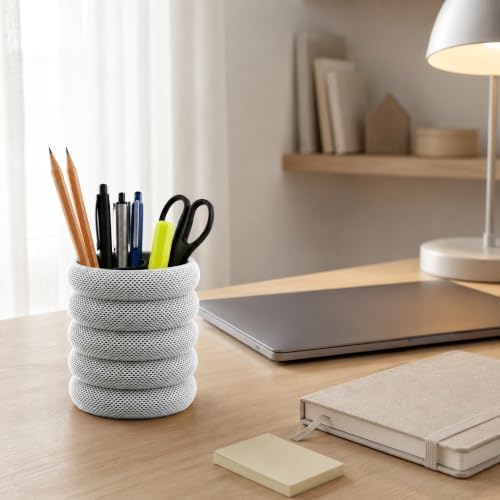 PowerTRC 3D Printed Grideo Pen Holder for Desk – Modern Pencil Cup Organizer, Office Supplies Holder, Classroom Teacher Desk Decor, Home Office Gift, Made in USA (Concrete Gray)