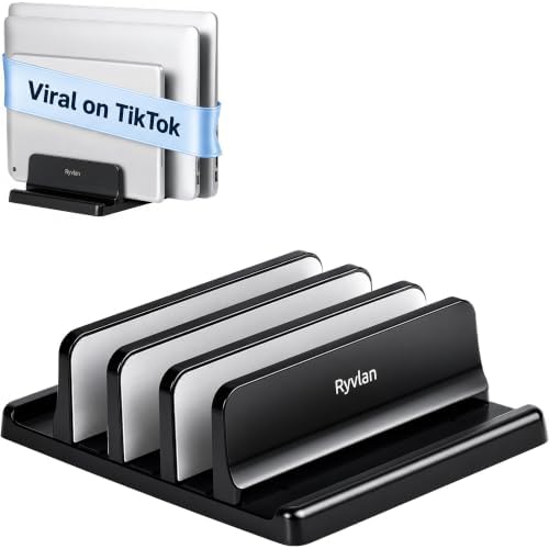 Ryvlan Vertical Laptop Stand, 3 Slot Adjustable Laptop Storage Rack and Desk Organizer, Silicone-Padded Holder for Multiple Devices Storage, Compatible Stand for Tablets and Devices up to 17 Inches