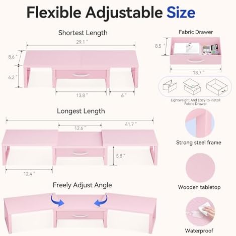 Desk Organizers and Accessories, Dual Monitor Stand Riser with Drawer, Computer Monitor Stand, Adjustable Desk Shelf for PC Laptop Printer TV, Pink