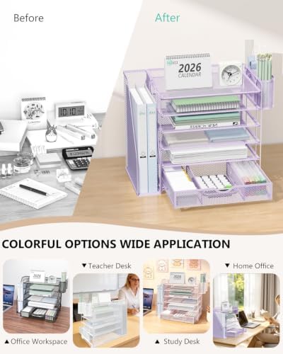 WALI Desk File Organizer, 6 Tier Desktop Paper Letter Tray Organizer with Drawer and 2 Pen Holders, Office Desk Accessories & Workspace Organizers for Office, Home Supplies(DO007DH-V), 1 Pack, Purple