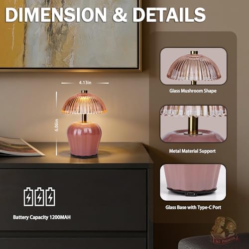 MJ PREMIER Rechargeable Table Lamp, Small Cordless Lamp with Timer, Pink