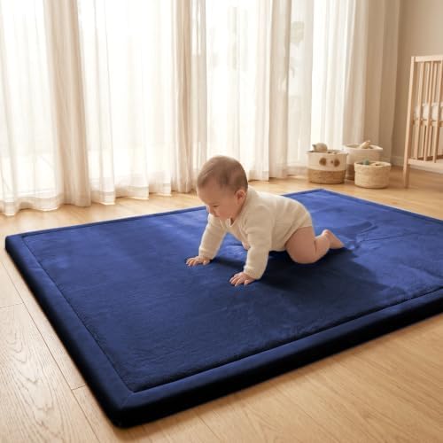 ACOMOPACK Baby Play Mat for Floor 1.3" Thick Memory Foam Play Mat 39"×59" Tummy Time Crawling with Non-slip Bottom for Living Room,Nursery,Soft Velvet Playpen Mats for Kids,Infants（Royal Blue）
