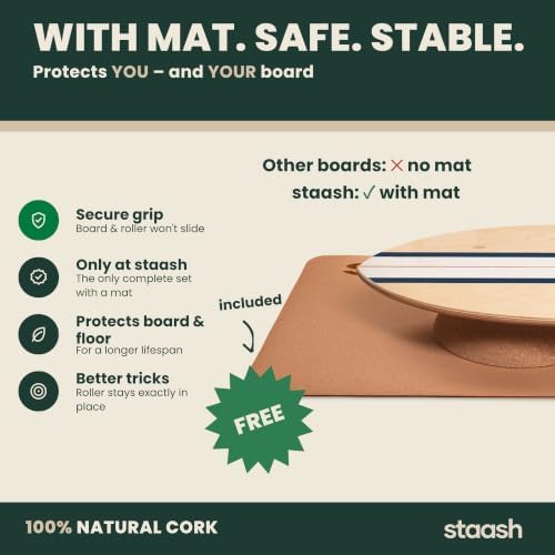 STAASH® Balance Board Full Kit – Premium Birch Wood Trainer with Cork Roller, Balance Disc, Massage Ball & Anti-Slip Mat – Core Strength, Surf, Snowboard & Rehab Training – All-In-One Set