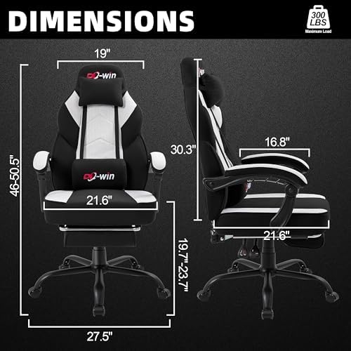 Shintenchi Big and Tall Gaming Chair Fabric Pocket Spring Cushion,High Back Recliner with Footrest and Headrest for Adults, Massage Lumbar Support for Home Office, Ergonomic Computer Desk Chair, Black