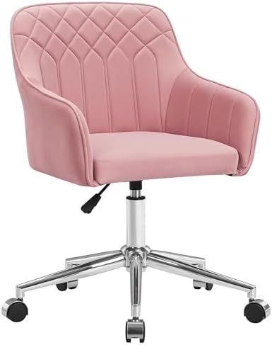 VECELO Modern Velvet Swivel Home Office Desk Chair with Back & Rolling Wheels, Adjustable Seat Height for Girls Women Bed Room Vanity Makeup/Task/Computer Work, Pink