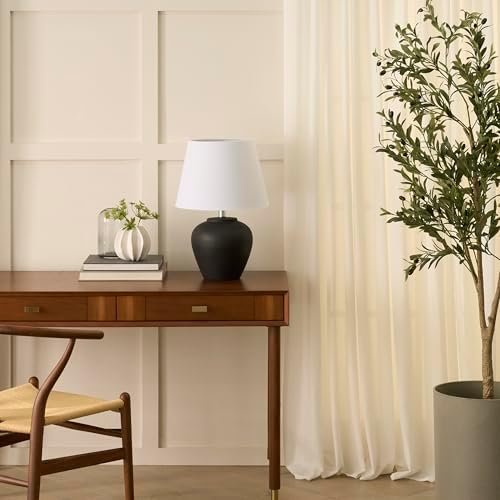Nourison Home 20" Black Matte Ceramic Table Lamp with Fabric Shade, Bedside Nightstand Lamp for Bedroom, Living Room, Entryway