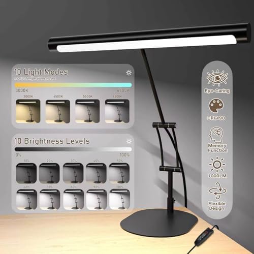 LED Desk Lamp for Home Office, Eye-Protecting Desk Light with Base，3 Color 10 Brightness Metal Table lamp,Suitable for Work, Study and Reading (Black)