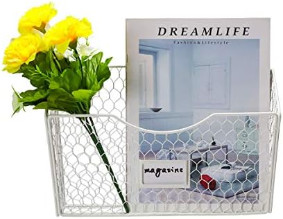 PAG-Mass 3 Pockets Hanging File Holder Wall Mount Mail Organizer Metal Chicken Wire Magazine Rack with Tag Slot, White
