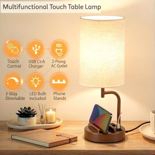Dreamholder Touch Control USB Table Lamp with USB C/A & AC Outlet, 3-Way Dimmable Bedside Lamp, Modern Nightstand Lamps for Bedroom Living Room Guest Room Office, Bulb Included, Brown