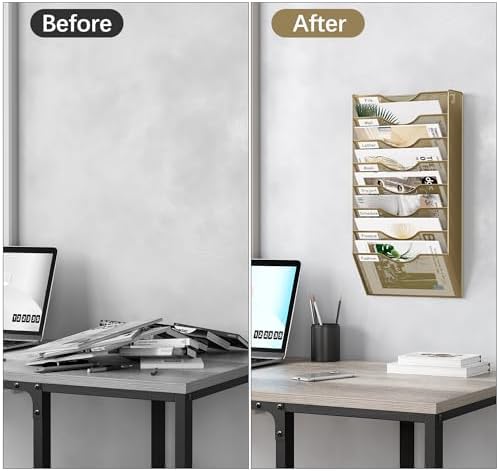 EasyPAG 8 Pocket Mesh Wall File Organizer, Hanging Paper Folder Holder with Classify Label, Vertical Wall Mount Mail Organizer for Office Home Classroom, Gold