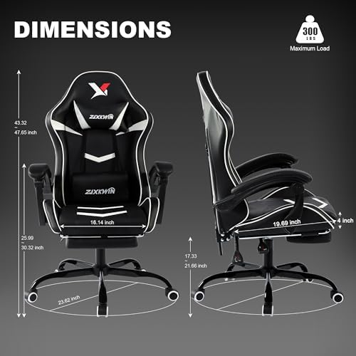 Ergonomic Gaming Chair for Adults, Reclining Computer Office Desk Chair with Footrest, Pocket Spring Cushion,Linkage Armrests, Lumbar Support & Headrest, Heavy-Duty Enlarged Metal Base,White