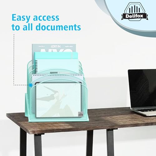 Delifox Inclined Desk File Organizer,Vertical File Folder Holder Stand Metal Rack File Sorter for Office Classroom Desktop Organization (1, Aqua, 5)