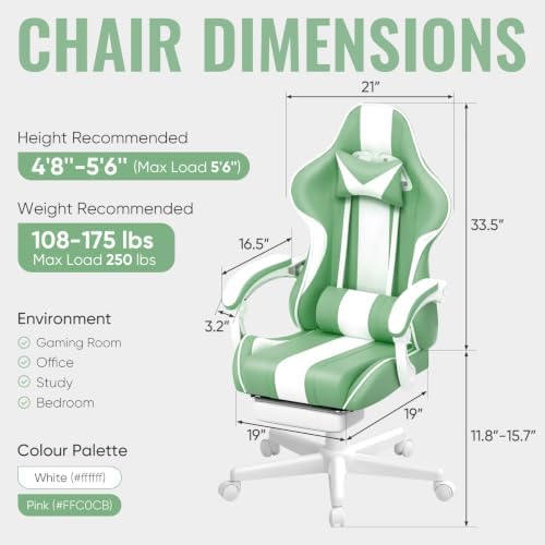 Ferghana Gaming Chairs, Ergonomic Racing Style PC Game Computer Chair with Headrest Lumbar Support Adjustable Recliner PU Leather Video Computer Chair(Light Green)