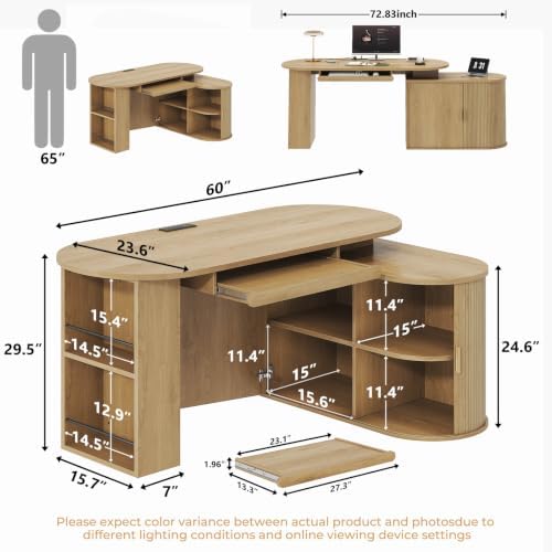 HSH L Shaped Office Corner Desk with Storage Cabinet for Home Oak 60 Inch