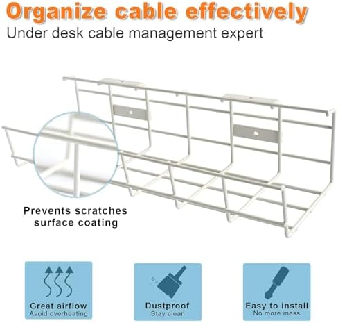 Under Desk Cable Management- 4 Pack Cord Organizer. Metal Wire Cable Management Tray for Office, Studio and Home. Super Sturdy Under Table Cable Managements - White Cable Organizer